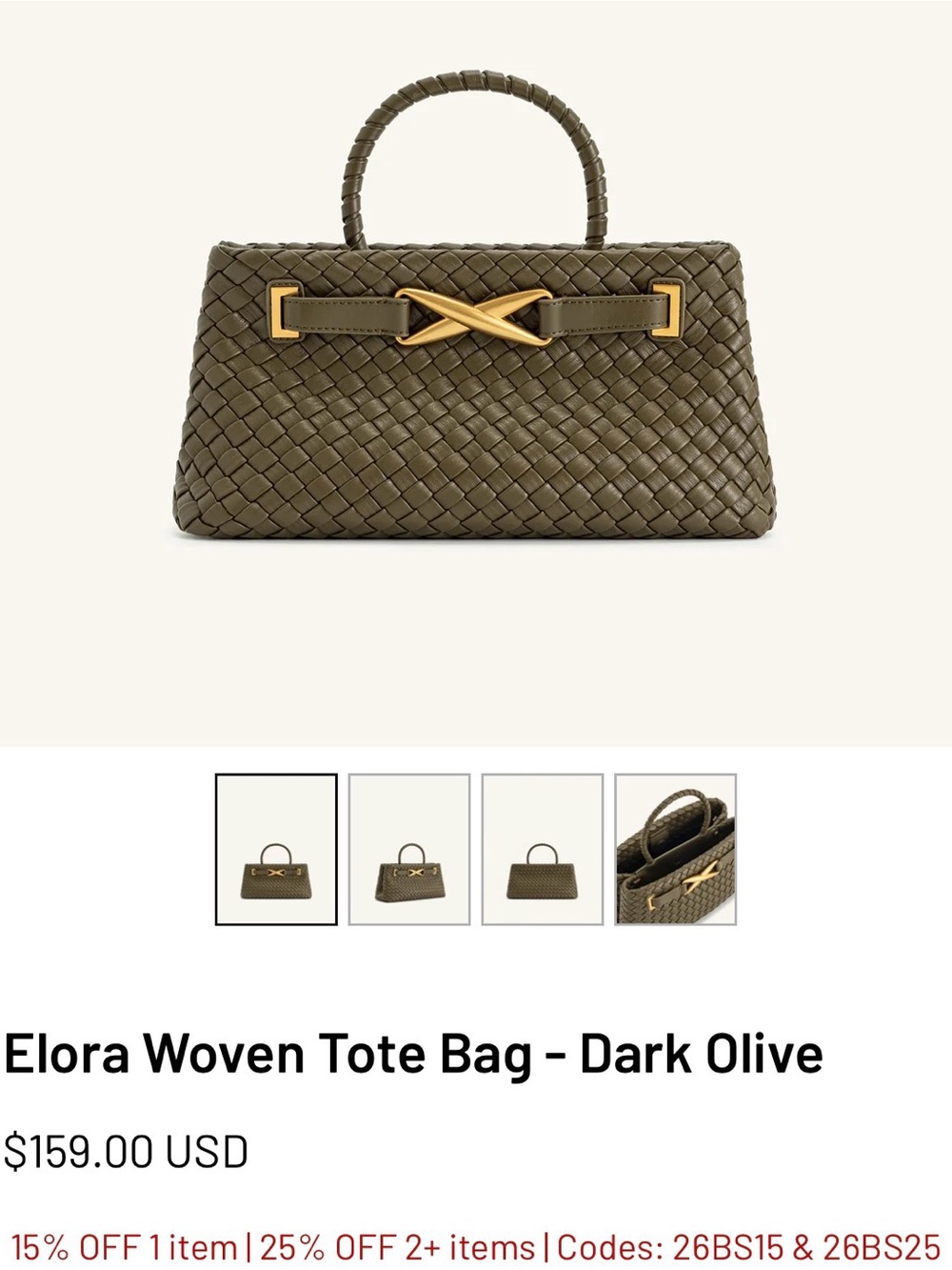 JW PEI Elora Woven Tote Bag - Dark Olive with Gold Hardware